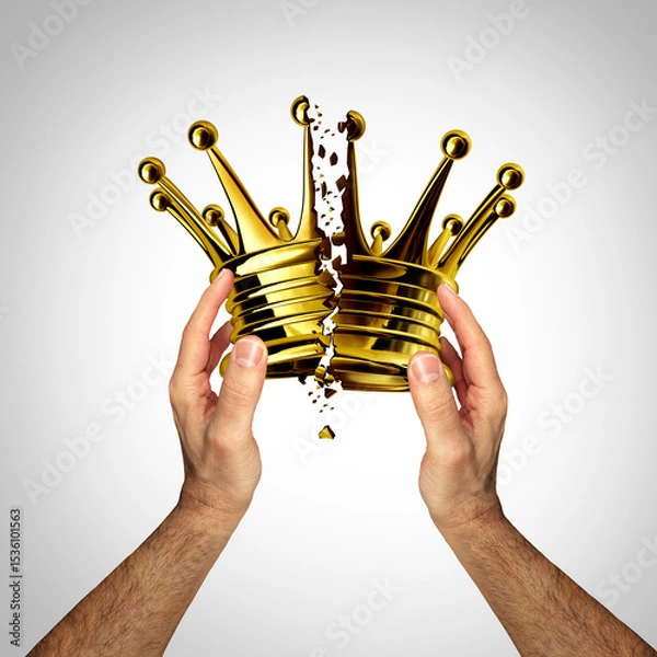 Fototapeta Anti Authoritarian Symbol as a broken Crown as a person destroying a golden king symbol representing resistance liberty and autocracy as an icon of protest of tyranny and anti-democratic government.