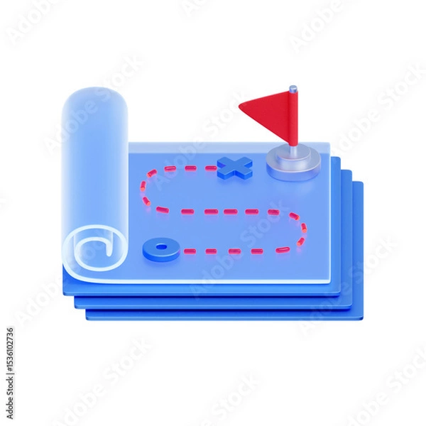 Fototapeta 3D icon of a rolled map or blueprint with a flag and a marked path. For strategic planning, project roadmap, goal setting, and future direction.