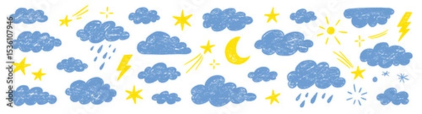 Fototapeta Cloud crayon texture star, moon set. Hand drawn crayon pencil stroke cloud, moon, sun weather shape with chalk texture. Sky elements for kid, baby, school background design. Vector illustration