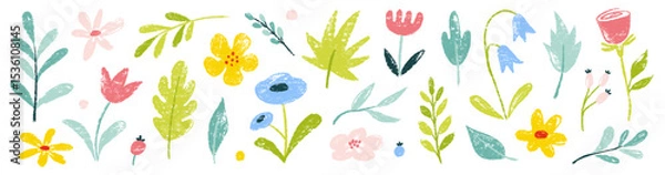 Fototapeta Flower crayon watercolor spring floral set. Hand drawn pastel crayon flower, leaf, plant with chalk texture. Cute nature background for kid, child, garden doodle element design. Vector illustration