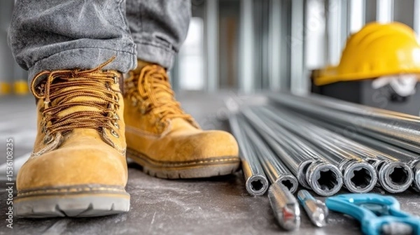 Fototapeta a plumber's boots and tools on a clean worksite floor in a modern home under renovation.