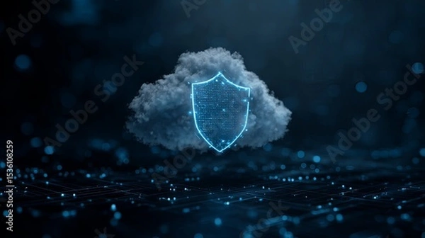 Fototapeta secure AI icon with shield, cloud computing, digital background.