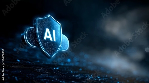 Fototapeta secure AI icon with shield, cloud computing, digital background.
