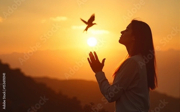 Obraz Woman praying and free bird enjoying nature on sunset background, hope concept. High quality
