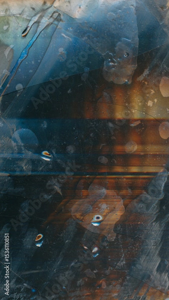 Fototapeta Broken glass. Old film overlay. Orange blue dust scratches drops noise wet stains weathered dirty surface on dark black abstract background.