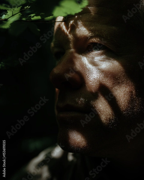 Obraz ethereal portrait of redheaded man in dappled forest light, freckled skin glowing golden, emerald eyes catching sunbeams through leaves.