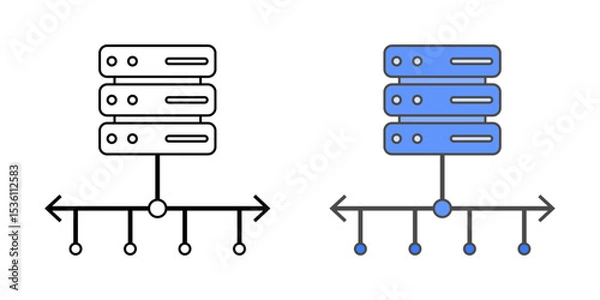 Obraz Load balancer icon with a server and split arrows pointing left and right, shown in outline and color styles, ideal for cloud infrastructure and network traffic distribution.