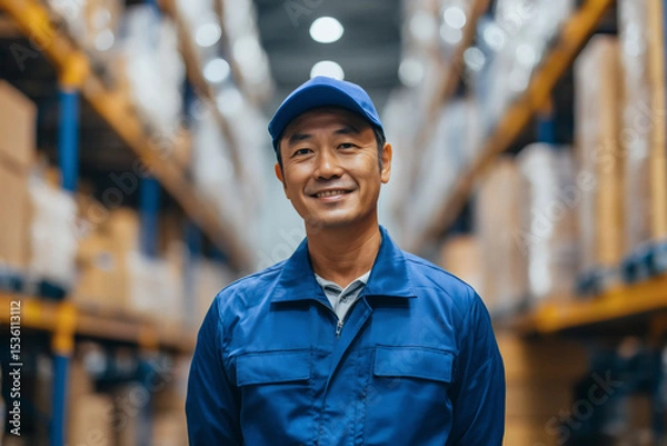 Fototapeta Smiling worker in blue uniform inside a warehouse, showcasing a friendly face in distribution setting.