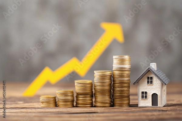 Fototapeta Rising Property Value: Stacks of coins symbolizing increasing home equity and a positive market trend.