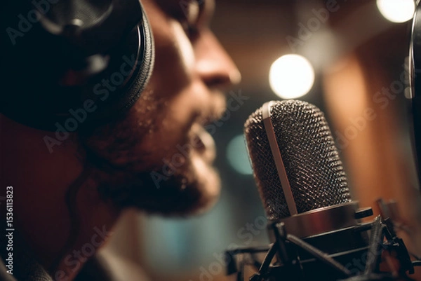 Fototapeta Performer in a recording studio wearing headphones, singing into a microphone with blurred background lights.