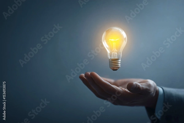 Fototapeta Illuminating idea: A bright lightbulb floats above an open hand, symbolizing inspiration and innovation.