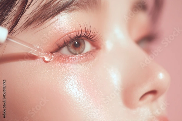Fototapeta Close-up of face applying eye serum; focusing on skincare and wellness with a delicate pink backdrop.