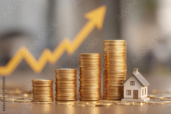 Fototapeta Home investment: Rising coin stacks symbolize property value growth with upward trending chart backdrop.