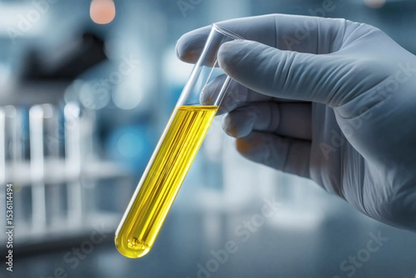 Fototapeta Scientist holding a tube of golden liquid. Researching for future medical solutions in the lab.