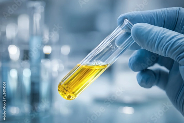 Fototapeta Laboratory analysis: gloved hand holds test tube with yellow liquid in a scientific lab setting.