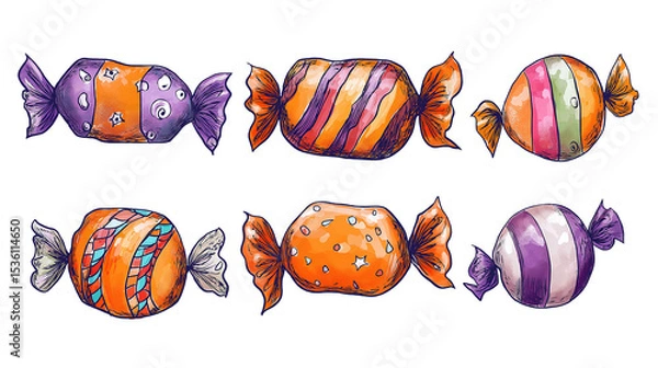 Obraz Set of hand drawn Halloween candies isolated on white and transparent background, cut out png