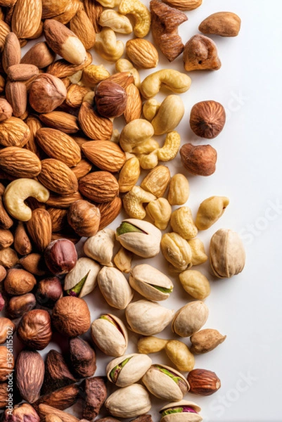 Fototapeta An assortment of various nuts, including almonds, cashews, pistachios, and hazelnuts on a white surface.