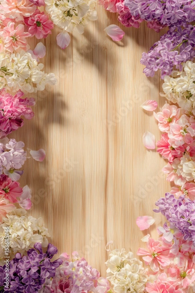 Fototapeta Floral frame on wooden surface with pink, purple, and white blooms and petals for a fresh spring vibe.
