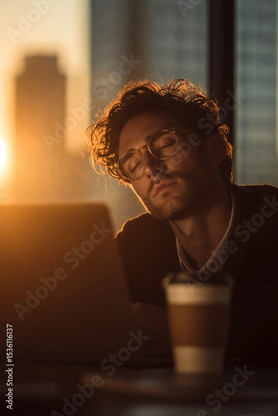 Fototapeta Exhausted professional taking a nap at his desk, golden hour light shining through the city building.