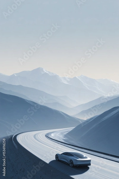 Fototapeta Sleek vehicle navigates a winding mountain road, blending future with natural beauty.