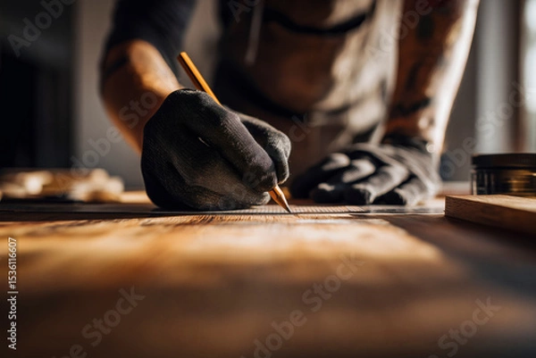 Fototapeta Focused craftsman meticulously marking wood with pencil and ruler, showcasing precision and dedication to woodworking.