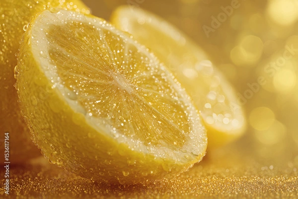 Fototapeta Bright yellow lemons glistening with water droplets on a sparkling surface, citrus freshness in golden light.