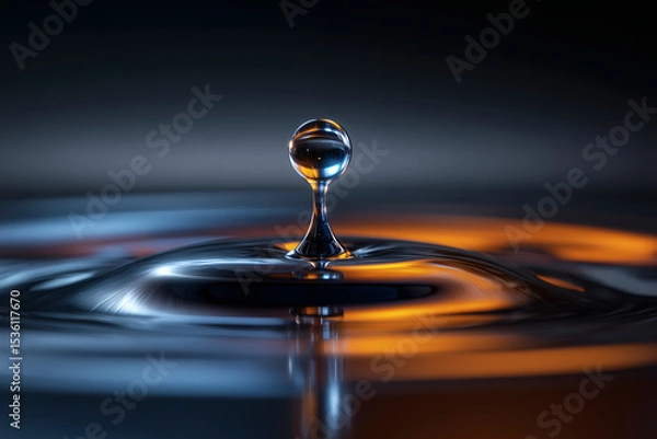 Fototapeta Water drop impact creates ripple effect with contrasting colors.