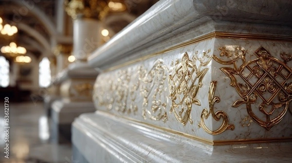 Fototapeta Ultra-detailed close-up of a marble column base with gold-plated baroque carvings and gilded lattice motifs in a royal palace interior