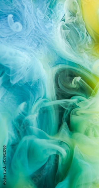 Fototapeta Art fog. Cloud dye. Colorful fume emulsion curl stream blending pigment. Green blue ink spill abstract fluid defocused background.