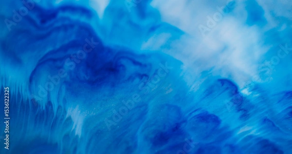 Fototapeta Paint flow. Dye fluid. Blue enamel art blend white acrylic stream. Color mix emulsion texture abstract emulsion defocused background.