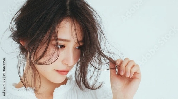 Obraz セットした髪が崩れて困っている女性