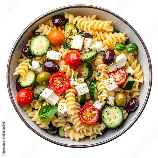 Fototapeta Colorful pasta salad with fusilli feta cheese cherry tomatoes cucumber olives and bell pepper served in bowl isolated on transparent background