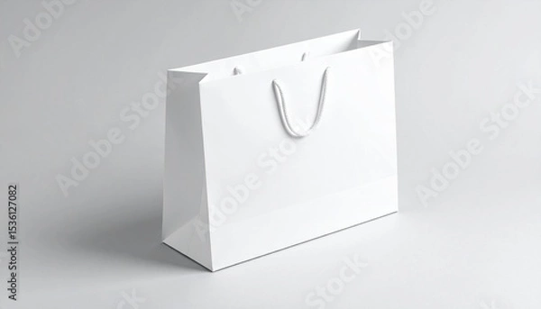 Obraz Realistic white paper shopping bag mockup with rope handles, isolated on a gray background. Ideal for branding, packaging design, or commercial use.