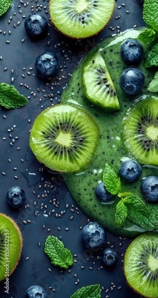 Fototapeta Fresh kiwi and blueberry smoothie, garnished with mint and chia seeds, on a dark background