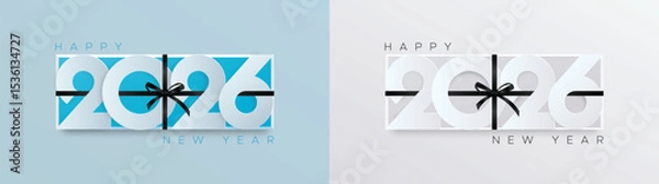Fototapeta Modern 2026 New Year design featuring bold white numerals wrapped in a black ribbon and bow, presented in blue and grey minimal backgrounds.
