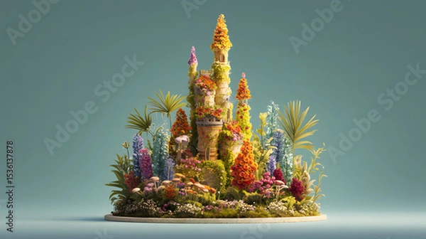 Obraz 3d cartoon Of a miniature castle made of flowers