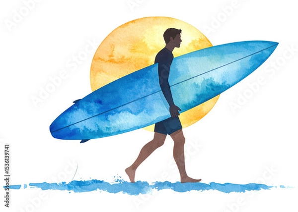 Obraz A vibrant watercolor illustration depicts a man carrying a blue surfboard, walking in the water with a warm sun. Ideal for summer, beach, and sport themes.