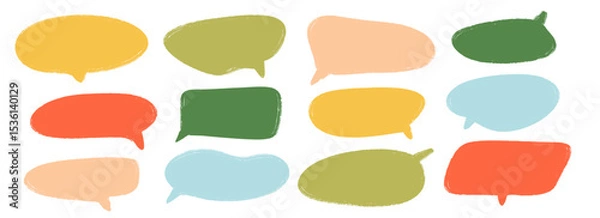 Fototapeta Colored hand drawn speech bubble collection. Doodled dialog box set. Scribbled textured marker comic talk frames. Bright sketched chat box pack. Red, blue, green balloon text box bundle. Vector 