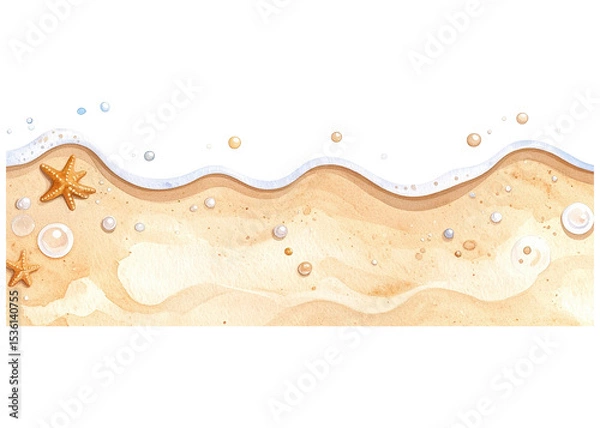 Obraz Artistic watercolor illustration of a beach border featuring a gentle ocean wave, starfish, and scattered seashells on golden sand. Ideal for summer and holiday designs.