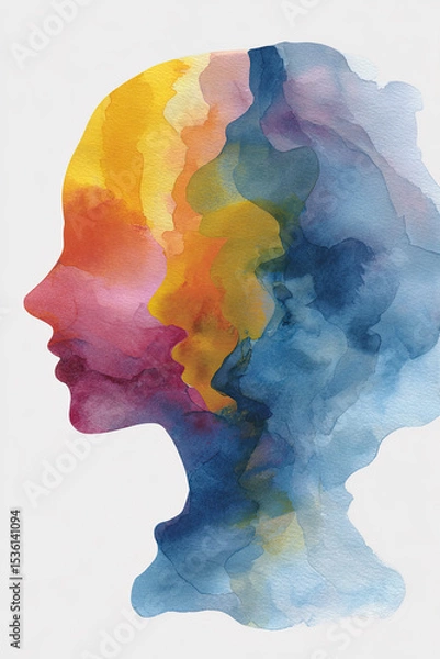 Fototapeta Double exposure watercolor silhouette, colorful abstract face profile, emotional, artistic style