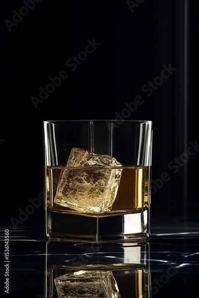 Fototapeta Glass of Whiskey with Ice Cube on Dark Reflective Surface – Luxury Drink Concept