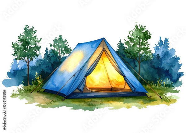Obraz A vibrant watercolor illustration depicts a blue camping tent with a warm, inviting glow emanating from within, nestled in a serene natural landscape.