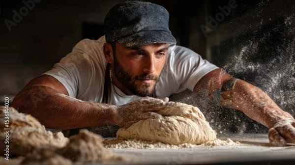Obraz Baker Kneading Dough: A focused baker kneads dough, flour dusting the air, in a dimly lit bakery setting, showcasing the artistry and passion of bread making.