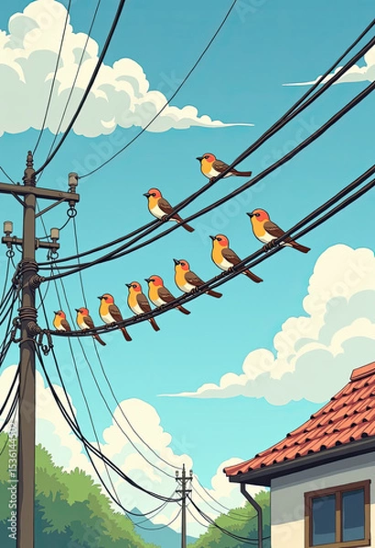 Fototapeta A charming anime-style illustration of a flock of cheerful robins perched on power lines against a bright blue sky, capturing a peaceful suburban scene.
