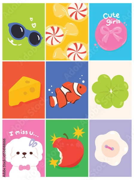 Fototapeta Cute Hand drawn cartoon element with words and quotes vector set. Wallpaper with sunglasses, candy, dog, fish, apple. Design for T-shirt, poster, fabric, packaging, print, screen, sticker.
