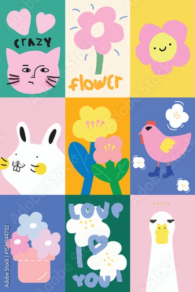 Fototapeta Cute Hand drawn cartoon element with words and quotes vector set. Wallpaper with abstract cat, duck, chicken, flower. Design for T-shirt, fabric, package, print, screen, sticker.
