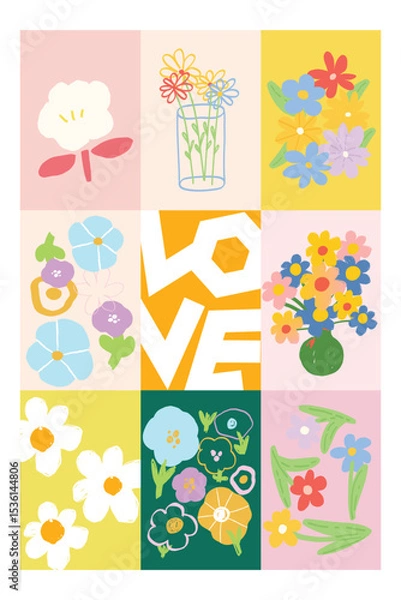 Fototapeta Cute Hand drawn cartoon element with words and quotes vector set. Wallpaper with doodle kids flower, leaves, vase. Design for T-shirt, fabric, package, print, screen, sticker.