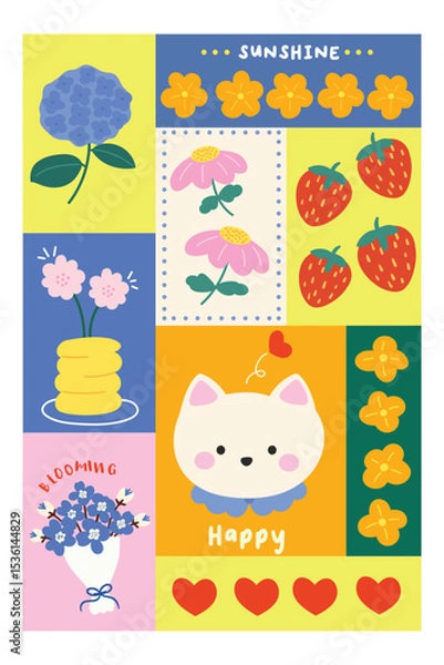 Fototapeta Cute Hand drawn cartoon element with words and quotes vector set. Wallpaper with cat, flower, strawberry, heart, bouquet. Design for T-shirt, fabric, package, print, screen, sticker.