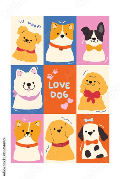 Fototapeta Cute Hand drawn cartoon element with words and quotes vector set. Wallpaper with cute dog different breed. Design for T-shirt, fabric, package, print, screen, sticker.