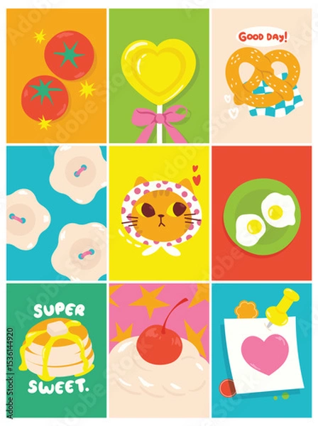 Fototapeta Cute Hand drawn cartoon element with words and quotes vector set. Wallpaper with tomato, cat, pancake, ice cream, lollipop. Design for T-shirt, poster, fabric, packaging, print, screen, sticker.